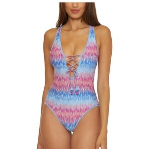 BECCA Pink and Blue One Piece Swimsuit with Modern Bohemian Flair